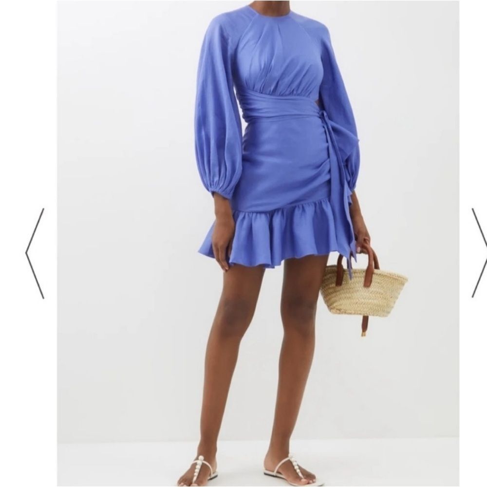 NWT Zimmermann Lyre Wrap Billow Mini Dress Size 4 AU 12 US Electric Blue Linen